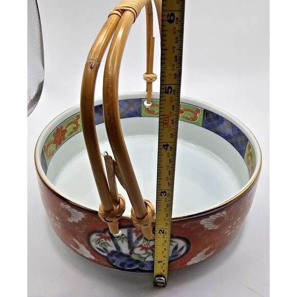 Vintage Takahashi Bowl Dish Bamboo Handles Japan Asian Ceramic Red Blue Floral - Picture 11 of 12